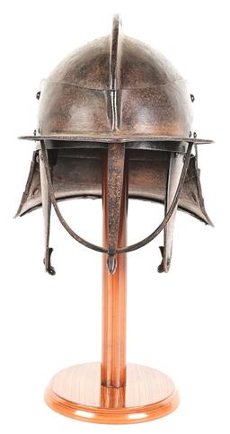 17TH CENTURY LOBSTER TAIL POT HELMET WITH STAND.