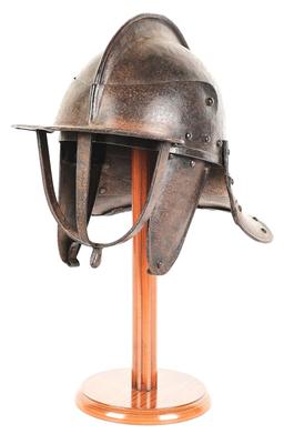 17TH CENTURY LOBSTER TAIL POT HELMET WITH STAND.