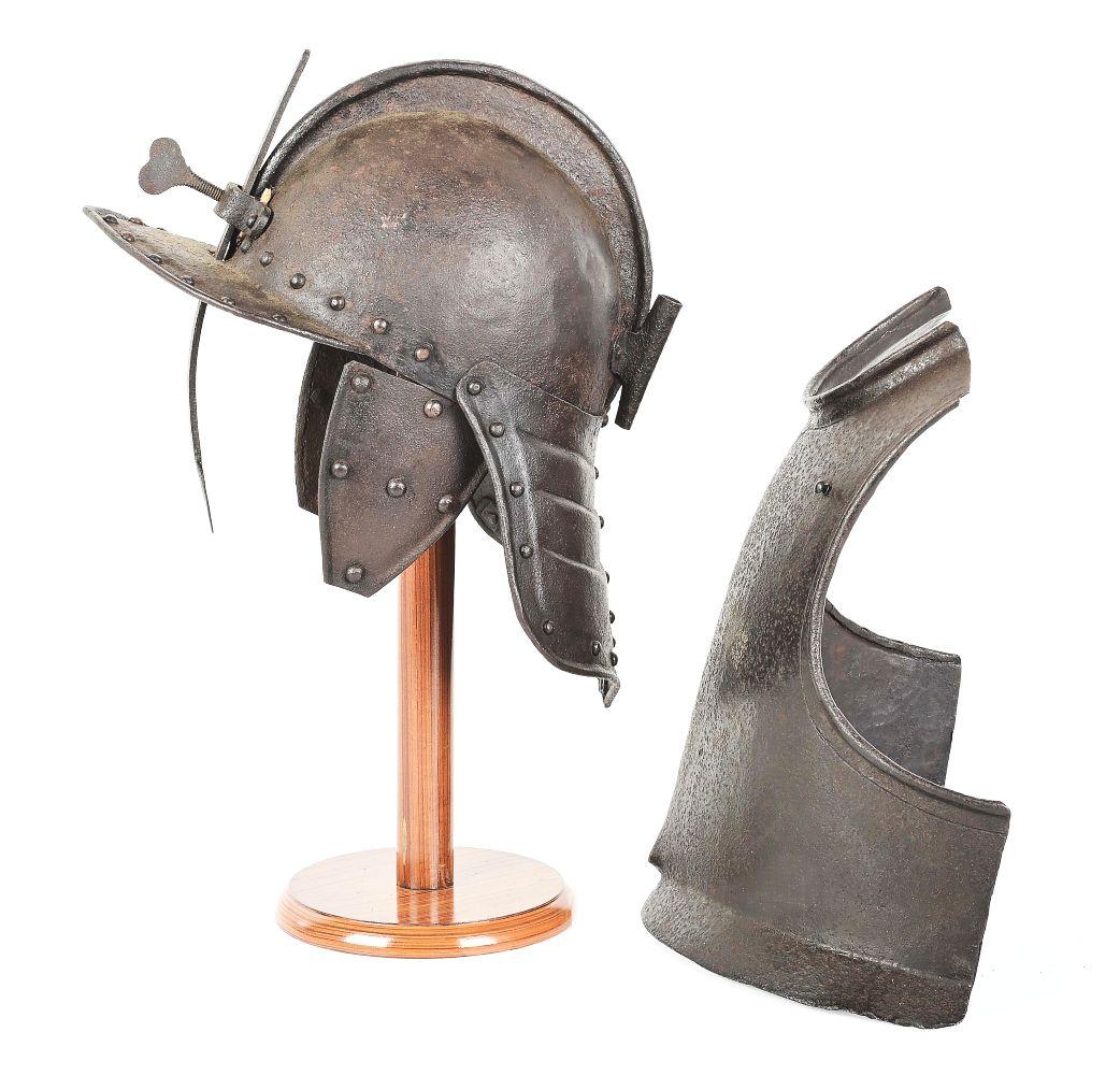 ENGLISH CIVIL WAR PERIOD LOBSTER TAIL HELMET AND BREASTPLATE.