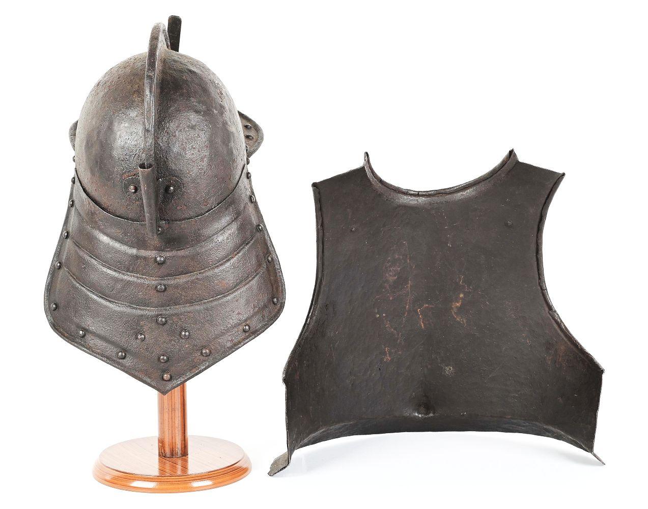 ENGLISH CIVIL WAR PERIOD LOBSTER TAIL HELMET AND BREASTPLATE.