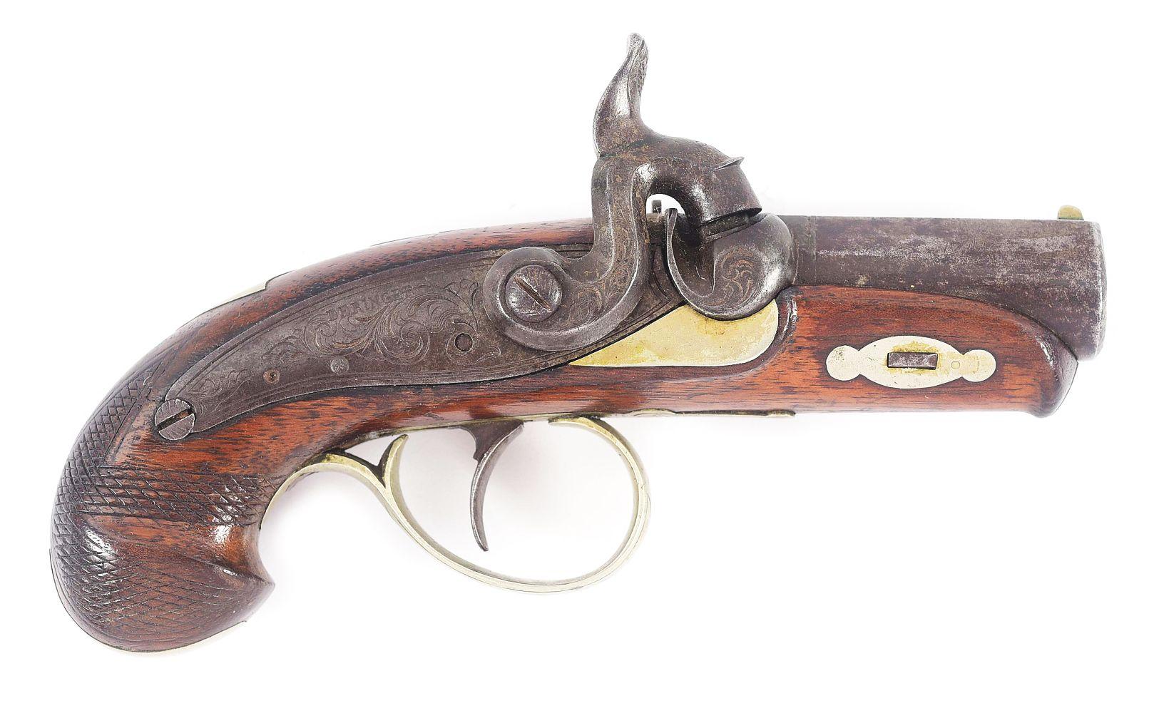 (A) PERIOD COPY OF A DERINGER PERCUSSION POCKET PISTOL.