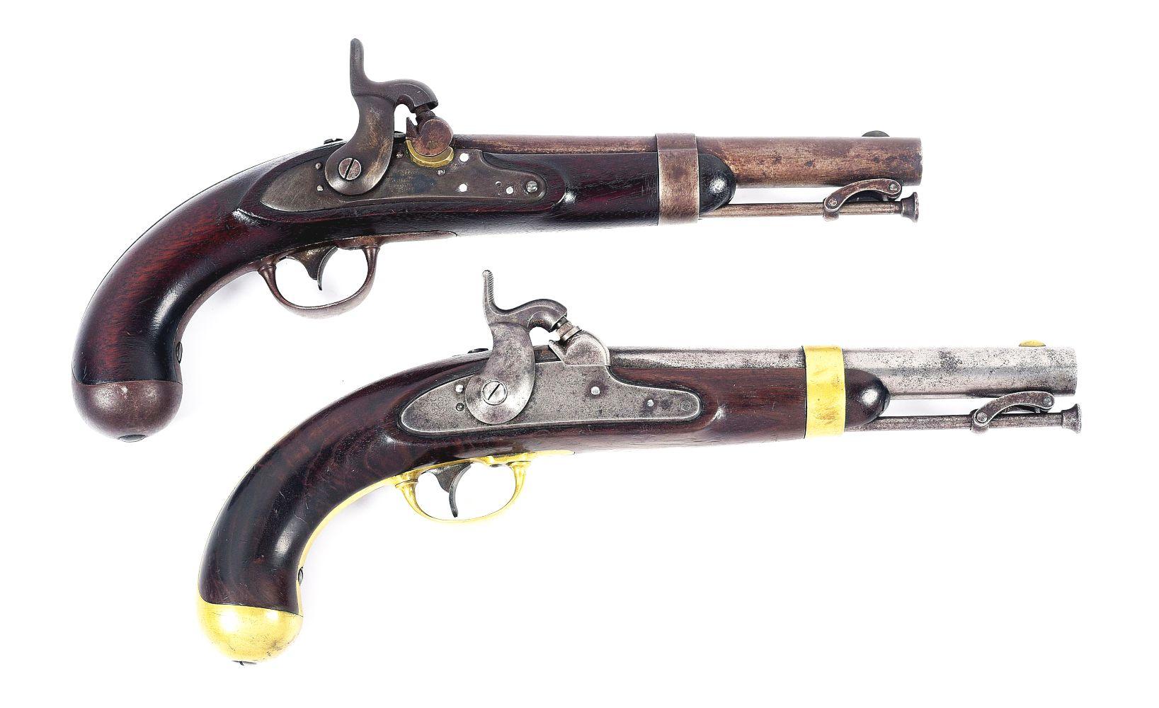 (A) LOT OF 2 PERCUSSION PISTOLS, NEW JERSEY MARKED US M1836 BY JOHNSON CONVERTED FROM FLINTLOCK AND