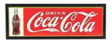 OUTSTANDING DRINK COCA-COLA EMBOSSED TIN SIGN W/ BOTTLE GRAPHIC.