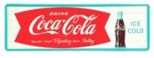 DRINK COCA COLA ICE COLD SELF FRAMED TIN SIGN W/ BOTTLE & FISHTAIL GRAPHIC.