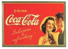 DRINK COCA-COLA "DELICIOUS & REFRESHING" TIN SIGN W// SELF FRAMED OUTER EDGE.