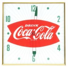 DRINK COCA-COLA LIGHT UP PAM CLOCK W/ FISHTAIL GRAPHIC.