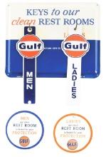 GULF "KEYS TO OUR CLEAN REST ROOMS" TIN SIGN W/ KEY CHAIN ATTACHMENTS.