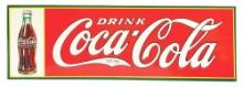 OUTSTANDING DRINK COCA COLA EMBOSSED TIN SIGN W/ CHRISTMAS BOTTLE GRAPHIC.