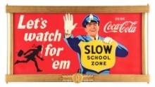 COCA COLA "LET'S WATCH FOR 'EM" SCHOOL ZONE CARD STOCK KAY DISPLAY W/ ORIGINAL WOODEN FRAMING.