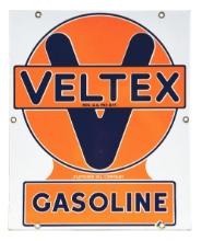 VELTEX GASOLINE PORCELAIN PUMP PLATE SIGN W/ LARGE "V" GRAPHIC.