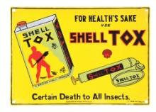 SHELL TOX INSECT SPRAY PORCELAIN SIGN W/ CAN & SPRAYER GRAPHIC.