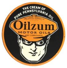 OILZUM MOTOR OILS & LUBRICANTS TIN SERVICE STATION SIGN W/ OSWALD GRAPHIC.