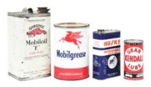 COLLECTION OF FOUR MOTOR OIL & GREASE CANS FROM HUSKY, MOBIL & KENDALL.