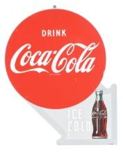 DRINK COCA-COLA ICE COLD TIN FLANGE W/ BOTTLE GRAPHIC.