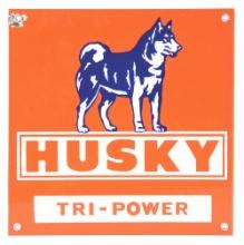 HUSKY TRI-POWER GASOLINE PORCELAIN PUMP PLATE SIGN W/ HUSKY DOG GRAPHIC.