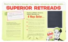 SUPERIOR RETREADS TIN ADVERTISEMENT SIGN W/ STATION ATTENDANT GRAPHIC.