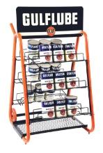 GULFLUBE OIL CAN RACK W/ 18 QUART CANS.