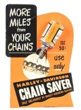 HARLEY-DAVIDSON CHAIN SAVER EASEL BACK DISPLAY W/ ORIGINAL PAPER LABEL HALF PINT CAN.