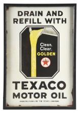 PORCELAIN TEXACO MOTOR OIL SIGN W/ POURING OIL GRAPHIC & CUSTOM FRAME.