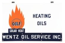 GULF SOLAR HEAT HEATING OILS PORCELAIN SIGN W/ WITH PORCELAIN IDENTIFICATION PANEL.