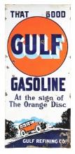 THAT GOOD GULF GASOLINE PORCELAIN LIGHTHOUSE SIGN W/ EARLY CAR GRAPHIC.