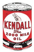PORCELAIN KENDALL MOTOR OIL SIGN DIE CUT CAN-SHAPE W/ MOTOR CAR GRAPHICS.