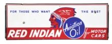 EXTREMELY UNCOMMON RED INDIAN AVIATION OIL PORCELAIN SIGN W/ NATIVE AMERICAN GRAPHIC.