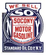 WE SELL SOCONY MOTOR GASOLINE PORCELAIN FLANGE SIGN.
