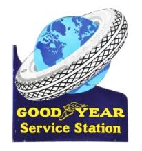 GOODYEAR SERVICE STATION PORCELAIN FLANGE SIGN W/ GLOBE & TIRE GRAPHIC.