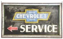CHEVROLET SERVICE PAINTED TIN SIGN W/ ORIGINAL WOOD FRAME.