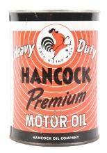 HANCOCK HEAVY DUTY PREMIUM MOTOR OIL ONE QUART CAN W/ STICK CHICKEN GRAPHIC.