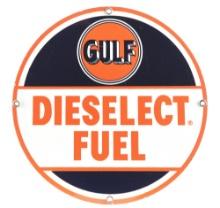 GULF DIESELECT FUEL PORCELAIN PUMP PLATE W/ SHADED GULF LETTERING.