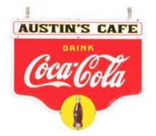 AUSTIN'S CAFE DRINK COCA-COLA LARGE PORCELAIN SIGN W/ YELLOW DISCS.