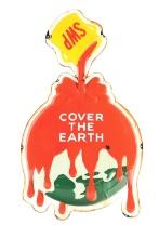 SHERWIN WILLIAMS "COVER THE EARTH" DIE-CUT PORCEALIN SIGN W/ PAINT SPILL GRAPHIC.