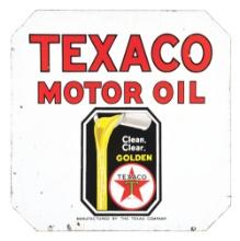 PORCELAIN TEXACO MOTOR OIL CURB SIGN W/ FLOWING OIL GRAPHIC.