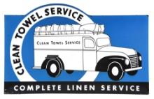 CLEAN TOWEL SERVICE PORCELAIN SIGN W/ OUTSTANDING DELIVERY TRUCK GRAPHIC.