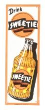 DRINK SWEETIE SELF-FRAMED EMBOSSED TIN DOOR PUSH W/ EXCELLENT BOTTLE GRAPHIC.