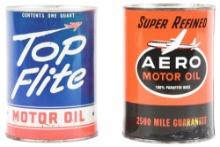 COLLECTION OF 2: AERO & TOP FLITE MOTOR OIL ONE QUART CANS W/ AIRCRAFT GRAPHICS.