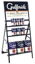 NEW OLD STOCK GULFPRIDE OIL CAN RACK STAND W/ 9 GULFPRIDE OIL CANS.