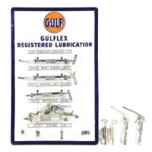GULFLEX REGISTERED LUBRICATION GREASE GUN RACK W/ 8 BALCRANK GREASE GUNS.