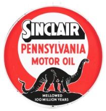 RARE SINCLAIR PENNSYLVANIA MOTOR OIL PORCELAIN SIGN W/ BLACK DINO GRAPHIC.