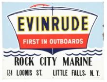 EVINRUDE OUTBOARDS EMBOSSED TIN SIGN W/ MARINE GRAPHICS.
