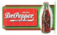 DRINK DR. PEPPER PAINTED METAL FLANGE SIGN W/ BOTTLE GRAPHIC.