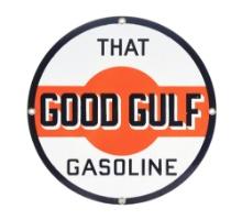 THAT GOOD GULF GASOLINE NEW OLD STOCK PORCELAIN PUMP PLATE SIGN.