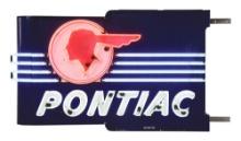 PONTIAC AUTOMOBILES COMPLETE PORCELAIN NEON SIGN W/ FULL FEATHERED NATIVE AMERICAN GRAPHIC.