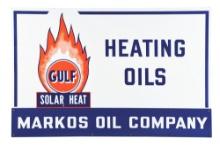 AN OUTSTANDING NEW OLD STOCK HEATING OILS PORCELAIN SIGN W/ FLAME GRAPHIC & ORIGINAL WOOD CRATE.