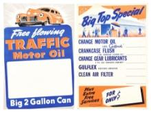 COLLECTION OF 2 TRAFFIC MOTOR OIL & BIG TOP SPECIAL CARDBOARD SERVICE STATION CHARTS.