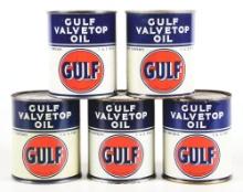 COLLECTION OF 5 NEW OLD STOCK GULF VALVETOP OIL CANS.