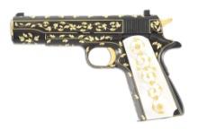 (C) BARRY LEE HANDS MASTER ENGRAVED AND GOLD INLAID COLT 1911A1 SEMI AUTOMATIC PISTOL.