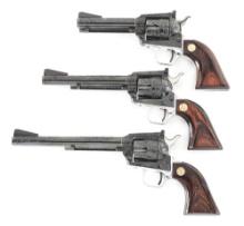 (M) SET OF 3 COLT FRONTIER SCOUT FACTORY ENGRAVED SINGLE ACTION REVOLVERS.